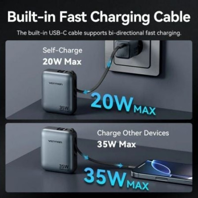Powerbank 10000mAh Vention FHEH0/ 35W/ Gris/ Incluye Cable USB Tipo-C