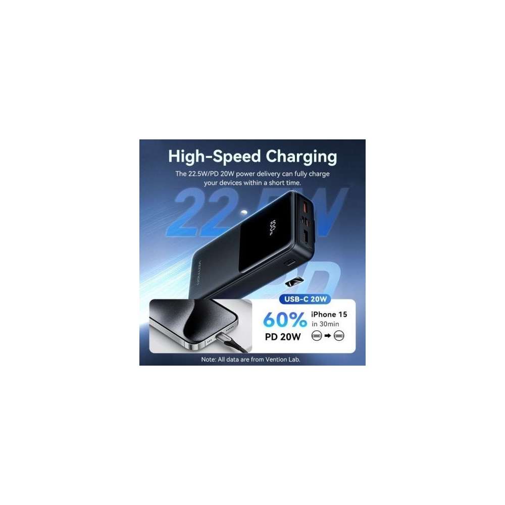 Powerbank 20000mAh Vention FHPB0/ 22.5W/ Negra/ Incluye Cable USB Tipo-C y Lightning