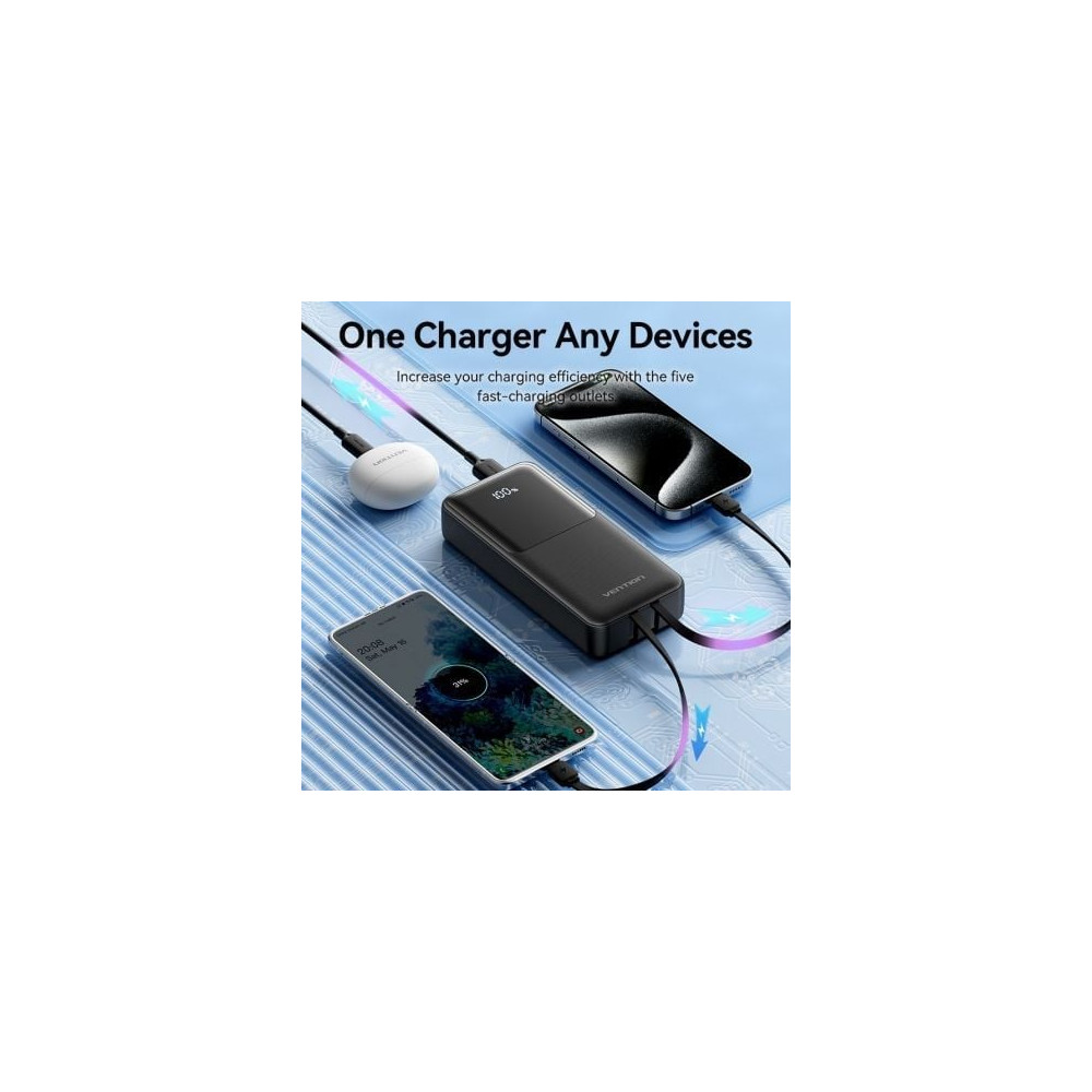 Powerbank 20000mAh Vention FHPB0/ 22.5W/ Negra/ Incluye Cable USB Tipo-C y Lightning