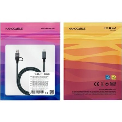 Cable USB 3.2 Tipo-C Nanocable 10.01.4111-COMB/ USB Tipo-C Macho + USB Macho - USB Tipo-C Macho/ Hasta 100W/ 20Gbps/ 1m/ Gris y