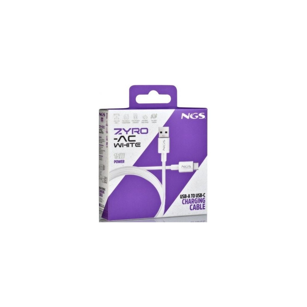 Cable USB 2.0 NGS ZYRO-AC/ USB Macho - USB Tipo-C Macho/ Hasta 15W/ 480Mbps/ 1m/ Blanco
