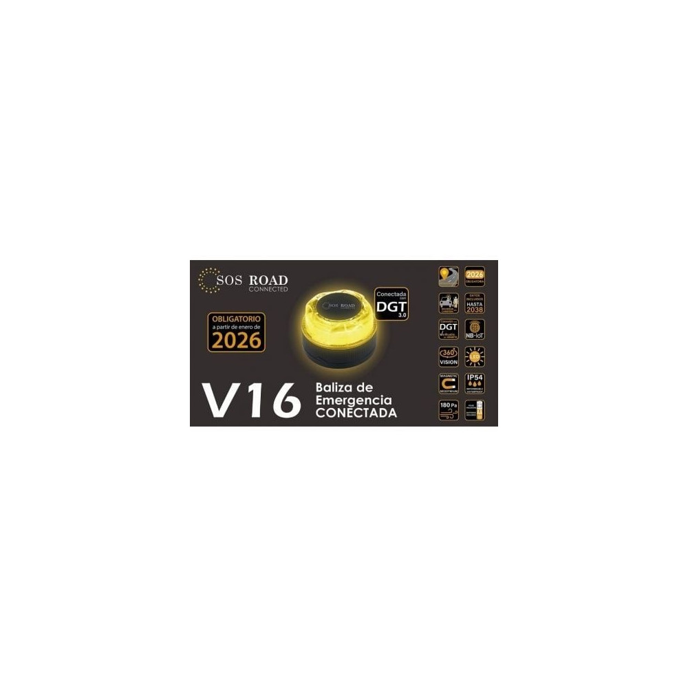 Luz baliza de emergencia para coche SOS Road Connected EL2024 V16/ Homologada/ Base Imantada/ Geolocalizable/ Funciona a Pilas