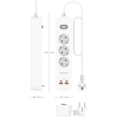 Regleta con Interruptor Aisens ASPS-2A2C10-W/ 3 Tomas de Corriente/ 2 USB - 2 USB Tipo-C/ Cable 1.4m/ Blanco