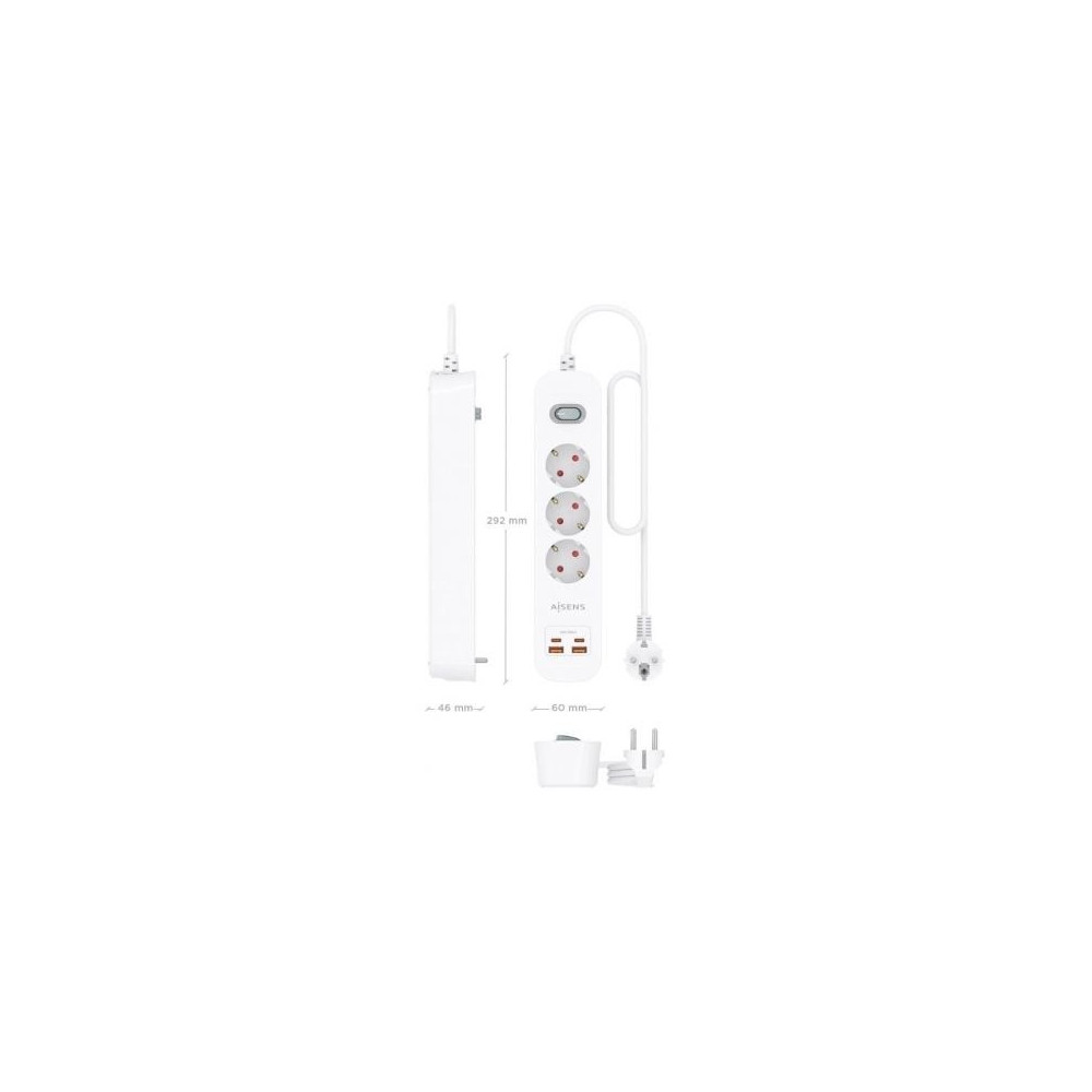 Regleta con Interruptor Aisens ASPS-2A2C10-W/ 3 Tomas de Corriente/ 2 USB - 2 USB Tipo-C/ Cable 1.4m/ Blanco
