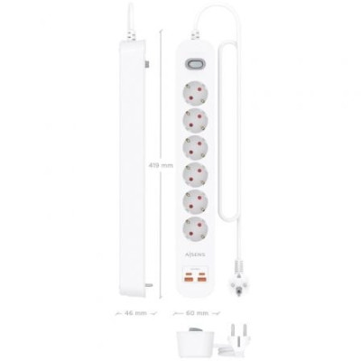 Regleta con Interruptor Aisens ASPS-2A2C16-W/ 6 Tomas de Corriente/ 2 USB - 2 USB Tipo-C/ Cable 1.4m/ Blanco