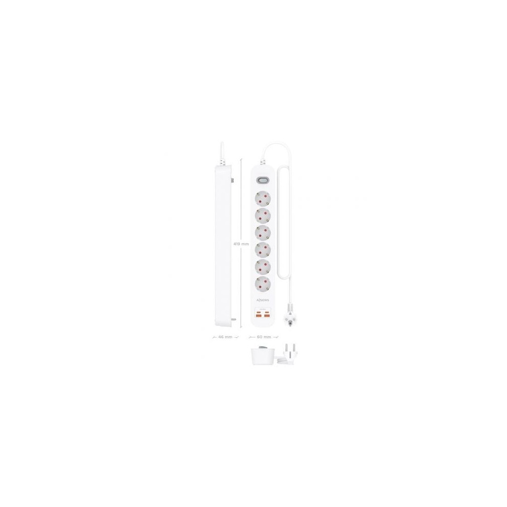 Regleta con Interruptor Aisens ASPS-2A2C16-W/ 6 Tomas de Corriente/ 2 USB - 2 USB Tipo-C/ Cable 1.4m/ Blanco