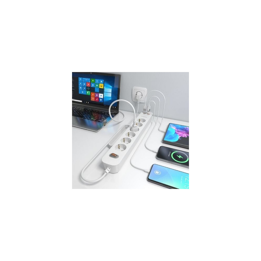 Regleta con Interruptor Aisens ASPS-2A2C16-W/ 6 Tomas de Corriente/ 2 USB - 2 USB Tipo-C/ Cable 1.4m/ Blanco