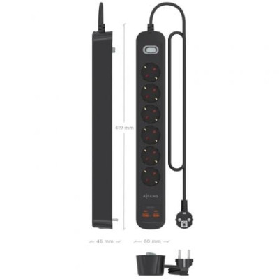 Regleta con Interruptor Aisens ASPS-2A2C17-BK/ 6 Tomas de Corriente/ 2 USB - 2 USB Tipo-C/ Cable 1.4m/ Negro