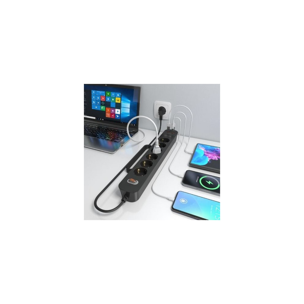 Regleta con Interruptor Aisens ASPS-2A2C17-BK/ 6 Tomas de Corriente/ 2 USB - 2 USB Tipo-C/ Cable 1.4m/ Negro