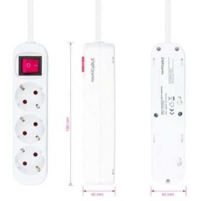 Regleta con Interruptor Nanocable 10.38.0003/ 3 Tomas de Corriente/ Cable 1.4m/ Blanca