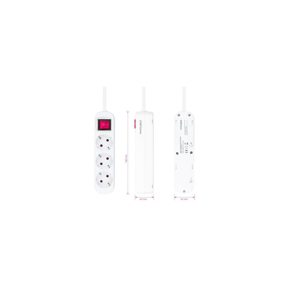 Regleta con Interruptor Nanocable 10.38.0003/ 3 Tomas de Corriente/ Cable 1.4m/ Blanca