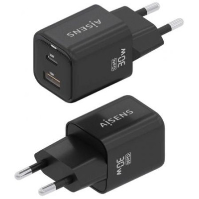 Cargador de Pared GaN Aisens ASCH-30W2P021-BK/ 1xUSB Tipo-C/ 1xUSB/ 30W