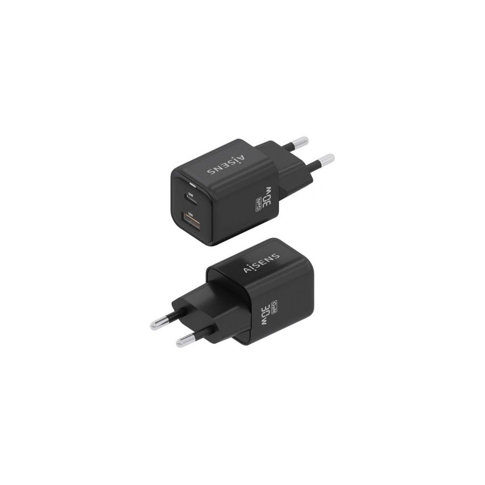 Cargador de Pared GaN Aisens ASCH-30W2P021-BK/ 1xUSB Tipo-C/ 1xUSB/ 30W