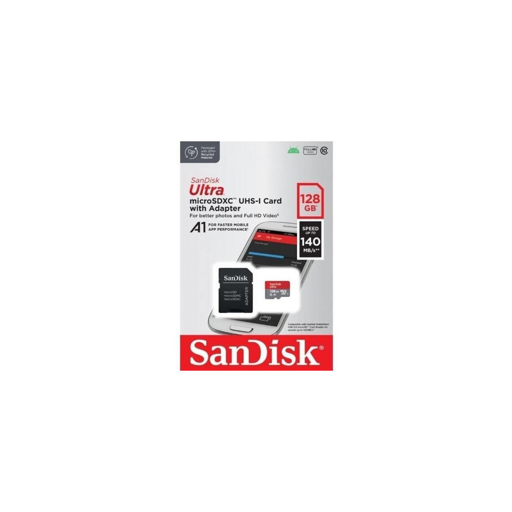 Tarjeta de Memoria SanDisk Ultra 128GB microSD XC con Adaptador/ Clase 10/ 140MBs