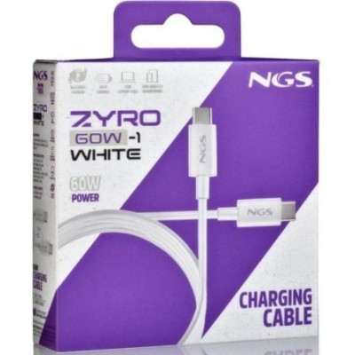 Cable USB 2.0 Tipo-C NGS ZYRO 60W-1/ USB Tipo-C Macho - USB Tipo-C Macho/ Hasta 60W/ 480Mbps/ 1m/ Blanco