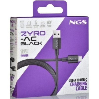 Cable USB 2.0 NGS ZYRO-AC/ USB Macho - USB Tipo-C Macho/ Hasta 15W/ 480Mbps/ 1m/ Negro