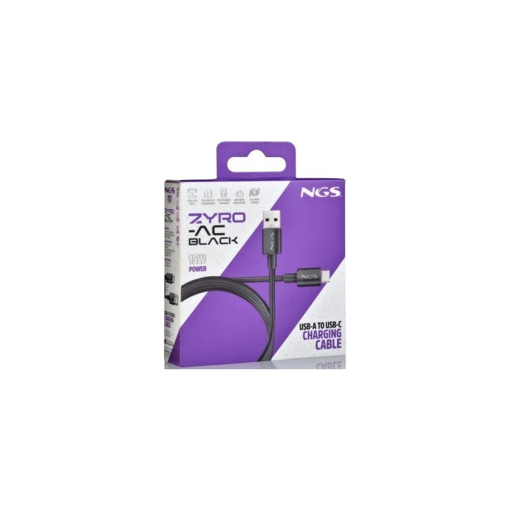 Cable USB 2.0 NGS ZYRO-AC/ USB Macho - USB Tipo-C Macho/ Hasta 15W/ 480Mbps/ 1m/ Negro