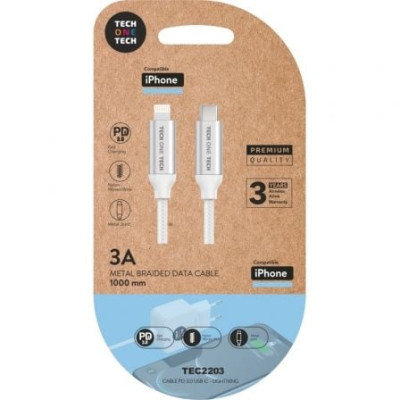 Cable USB Tipo-C Lightning Tech One Tech TEC2203/ Lightning Macho - USB Tipo-C Macho/ Hasta 20W/ 480Mbps/ 1m/ Blanco