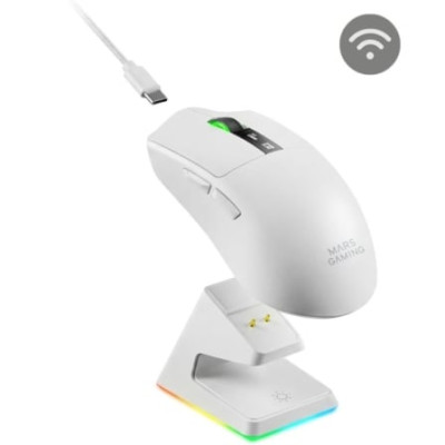 Ratón Gaming Inalámbrico Mars Gaming MMW-Elite/ Batería Recargable/ Hasta 20000 DPI/ Blanco
