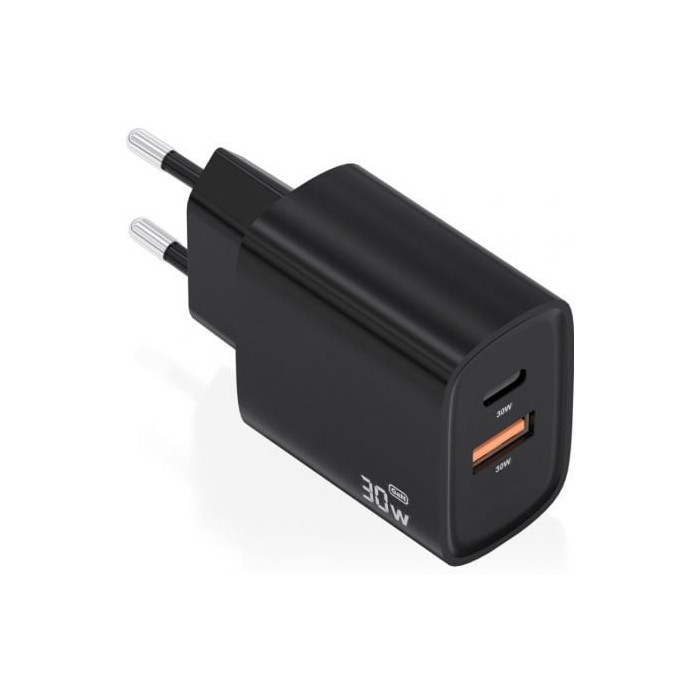 Cargador de Pared GaN Aisens A110-0953/ 1xUSB Tipo-C/ 1xUSB/ 30W/ Negro | Cargadores hasta 45W