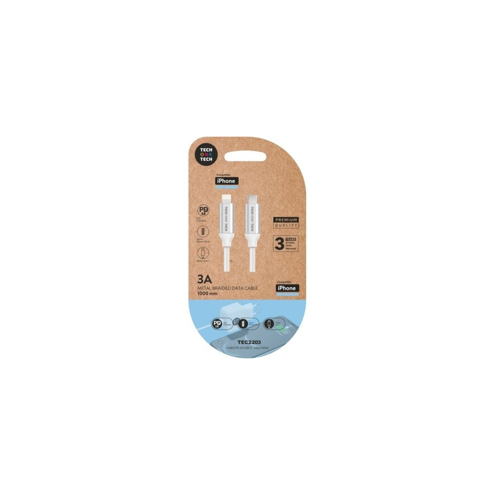 Cable USB Tipo-C Lightning Tech One Tech TEC2203/ Lightning Macho - USB Tipo-C Macho/ Hasta 20W/ 480Mbps/ 1m/ Blanco | Lightning