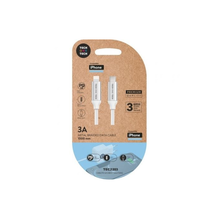 Cable USB Tipo-C Lightning Tech One Tech TEC2203/ Lightning Macho - USB Tipo-C Macho/ Hasta 20W/ 480Mbps/ 1m/ Blanco | Lightning