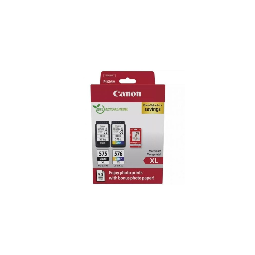 Cartucho de Tinta Original Canon PG-575XL + CL576XL Multipack Alta Capacidad/ Negro/ Tricolor + Papel Fotográfico