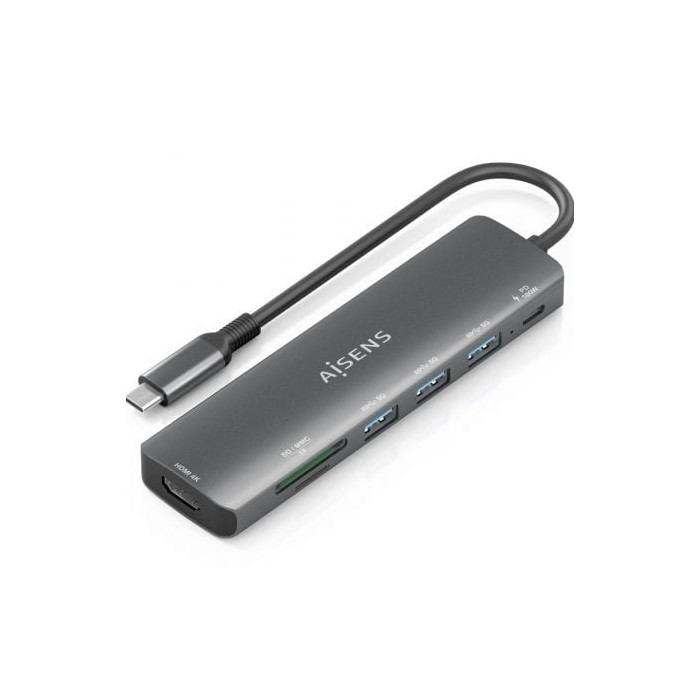 Docking USB Tipo-C Aisens ASUC-7P025-GR/ 1xHDMI 4K/ 3xUSB/ 1xUSB Tipo-C PD/ 1xLector Tarjetas/ Gris | Docks
