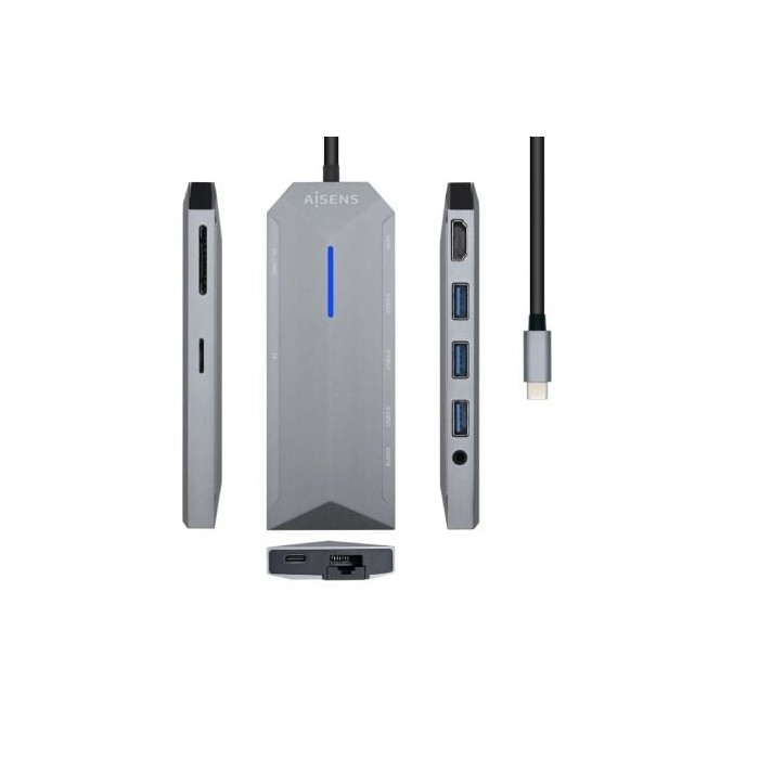 Docking USB Tipo-C Aisens ASUC-9P001-GR/ 1xHDMI 4K/ 3xUSB/ 1xRJ45/ 1xAudio/ 1xLector Tarjetas / 1xUSB Tipo-C PD/ Gris | Docks