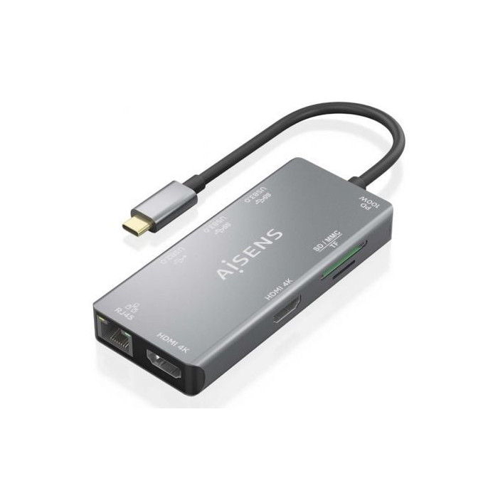 Docking USB Tipo-C Aisens ASUC-9P018-GR/ 2xHDMI 4K/ 3xUSB/ 1xRJ45/ 1xLector Tarjetas/ 1xUSB Tipo-C PD/ Gris | Docks