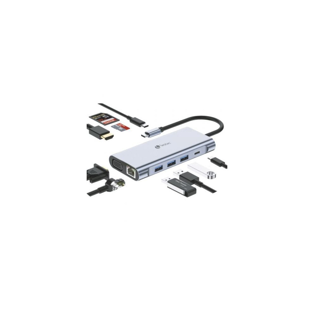Docking USB Tipo-C Leotec LEDS01/ 3xUSB/ 2xUSB Tipo-C/ 1xUSB Tipo-C PD/ 1xHDMI 4K/ 1xVGA/ 1xRJ45/ 1xAudio/ 1xLector Tarjetas SD 