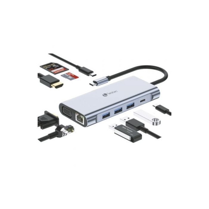 Docking USB Tipo-C Leotec LEDS01/ 3xUSB/ 2xUSB Tipo-C/ 1xUSB Tipo-C PD/ 1xHDMI 4K/ 1xVGA/ 1xRJ45/ 1xAudio/ 1xLector Tarjetas SD 