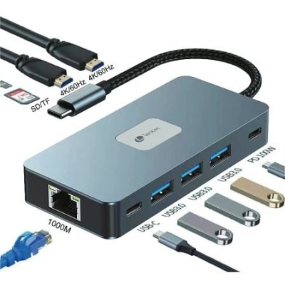 Docking USB Tipo-C Leotec LEDS02/ 3xUSB/ 1xUSB Tipo-C/ 1xUSB Tipo-C PD/ 2xHDMI 4K/ 1xRJ45/ 1xLector Tarjetas SD y MicroSD/ Gris 