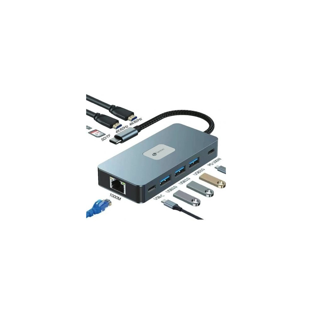 Docking USB Tipo-C Leotec LEDS02/ 3xUSB/ 1xUSB Tipo-C/ 1xUSB Tipo-C PD/ 2xHDMI 4K/ 1xRJ45/ 1xLector Tarjetas SD y MicroSD/ Gris 