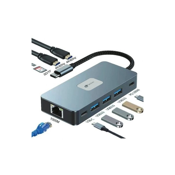 Docking USB Tipo-C Leotec LEDS02/ 3xUSB/ 1xUSB Tipo-C/ 1xUSB Tipo-C PD/ 2xHDMI 4K/ 1xRJ45/ 1xLector Tarjetas SD y MicroSD/ Gris 