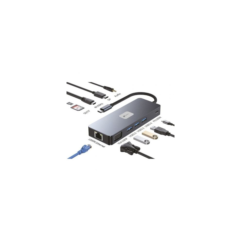 Docking USB Tipo-C Leotec LEDS03/ 3xUSB/ 1xUSB Tipo-C PD/ 1xHDMI 4K/ 1xDisplayPort/ 1xVGA/ 1xAudio/ 1xRJ45/ 1xLector Tarjetas SD