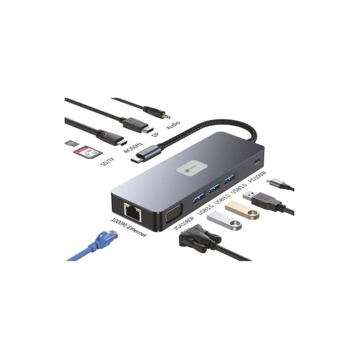 Docking USB Tipo-C Leotec LEDS03/ 3xUSB/ 1xUSB Tipo-C PD/ 1xHDMI 4K/ 1xDisplayPort/ 1xVGA/ 1xAudio/ 1xRJ45/ 1xLector Tarjetas SD