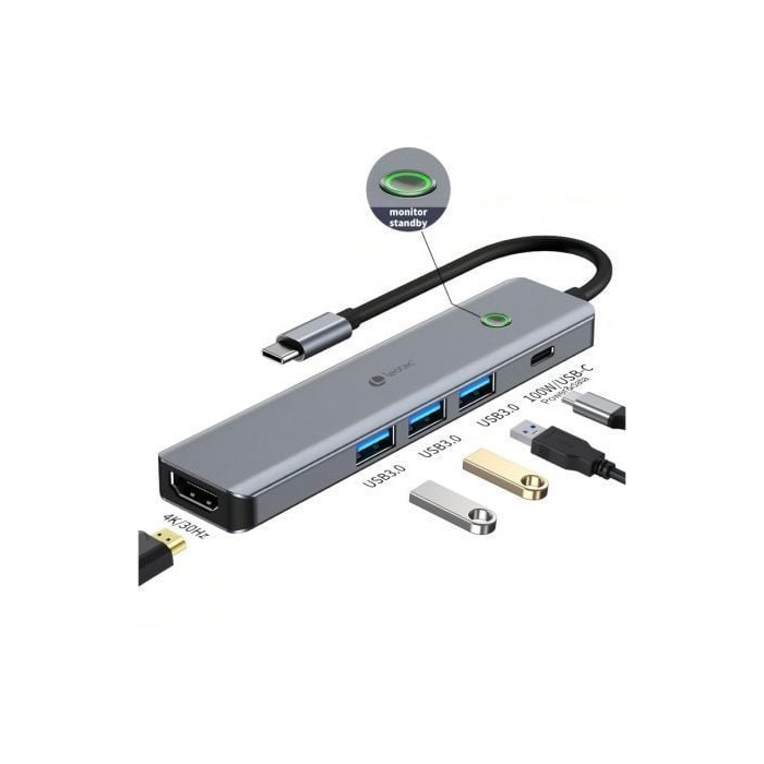 Docking USB Tipo-C Leotec LEDS05/ 3xUSB/ 1xUSB Tipo-C PD/ 1xHDMI 4K/ Gris | Docks