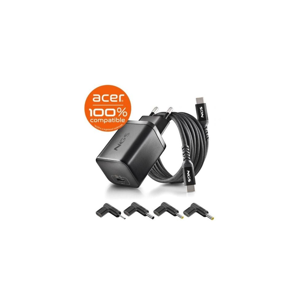Cargador de Portátil GaN NGS BUD65W-AC para Acer/ 1xUSB Tipo-C/ 65W/ Automático/ 4 Conectores/ Voltaje 5-20V | Cargadores