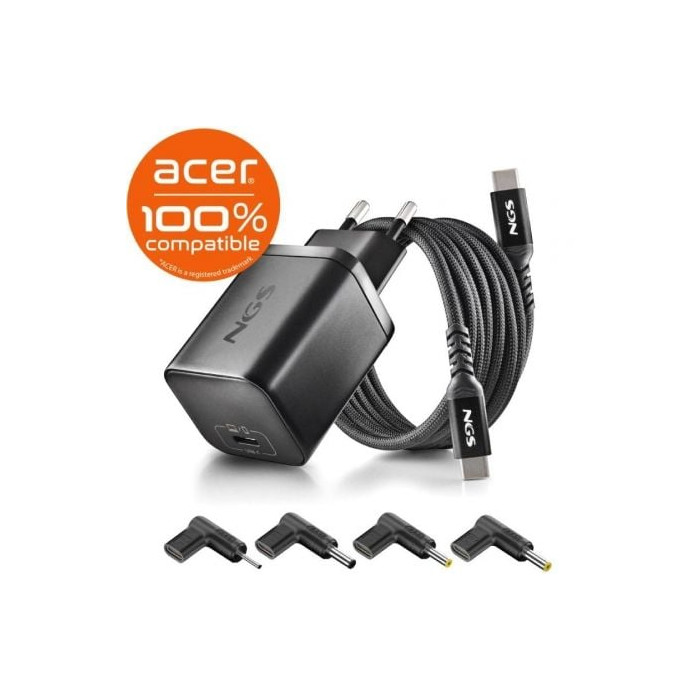 Cargador de Portátil GaN NGS BUD65W-AC para Acer/ 1xUSB Tipo-C/ 65W/ Automático/ 4 Conectores/ Voltaje 5-20V | Cargadores