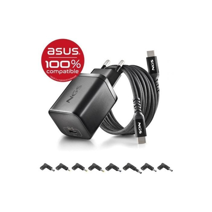 Cargador de Portátil GaN NGS BUD65W-AS para Asus/ 1xUSB Tipo-C/ 65W/ Automático/ 8 Conectores/ Voltaje 5-20V | Cargadores