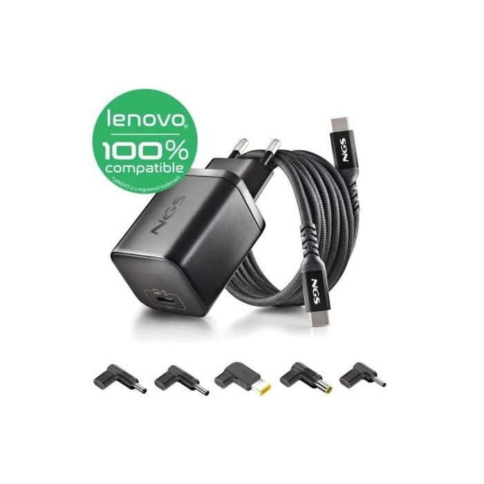 Cargador de Portátil GaN NGS BUD65W-L para Lenovo/ 1xUSB Tipo-C/ 65W/ Automático/ 5 Conectores/ Voltaje 5-20V | Cargadores