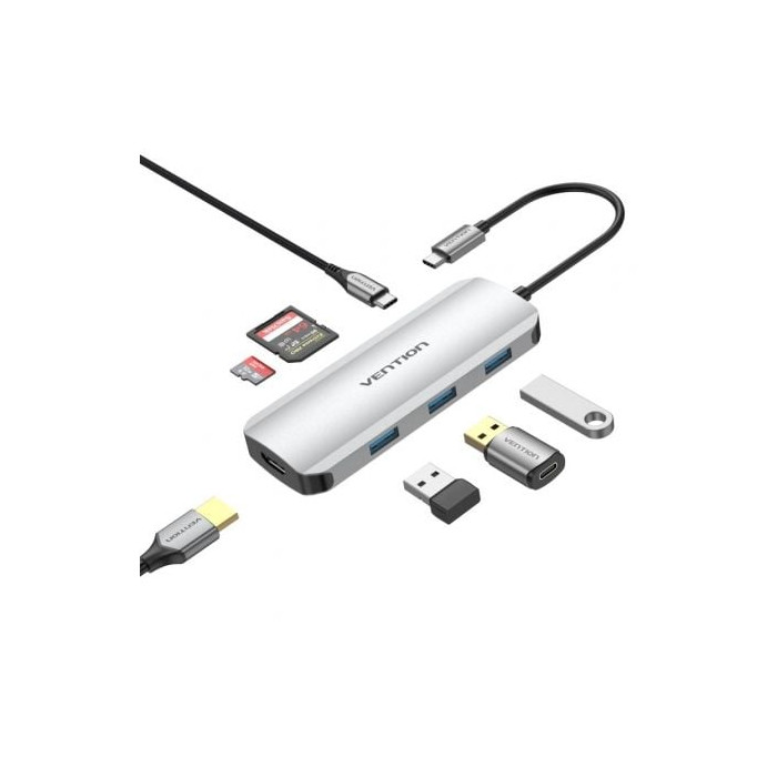 Docking USB Tipo-C Vention TOJHB/ 1xHDMI 4K/ 3xUSB/ 1xUSB Tipo-C/ 1xLector Tarjetas/ Gris | Docks