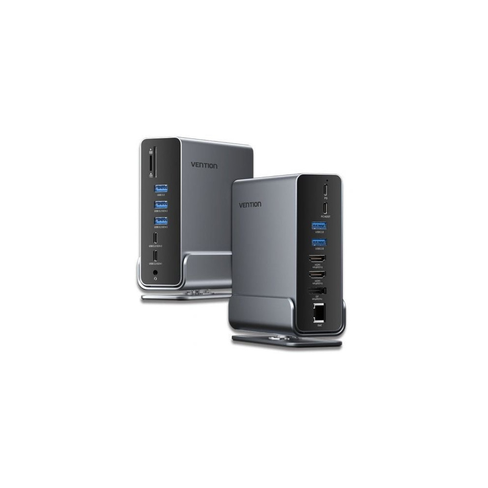 Docking USB Tipo-C Vention TPUH0/ 2xHDMI 4K/ 1xDisplayPort/ 3xUSB Tipo-C/ 5xUSB/ 1xRJ45/ 1xLector de Tarjetas/ 1xJack 3.5/ 1xUSB