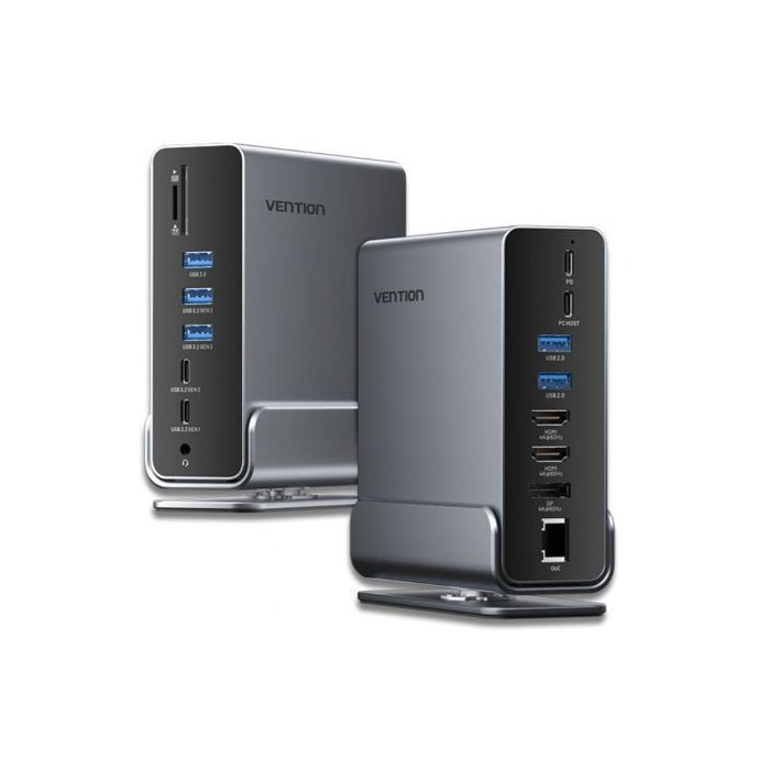 Docking USB Tipo-C Vention TPUH0/ 2xHDMI 4K/ 1xDisplayPort/ 3xUSB Tipo-C/ 5xUSB/ 1xRJ45/ 1xLector de Tarjetas/ 1xJack 3.5/ 1xUSB