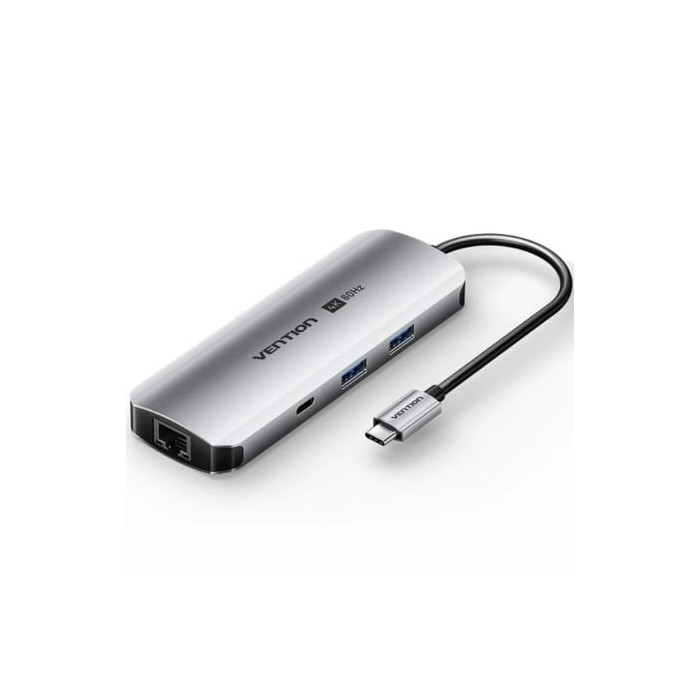 Docking USB Tipo-C Vention TQMHB/ 1xHDMI 4K/ 2xUSB/ 1xUSB Tipo-C/ 1xJack 3.5mm / 1xRJ45/ 1xUSB Tipo-C PD/ 1xLector Tarjetas/ Gri