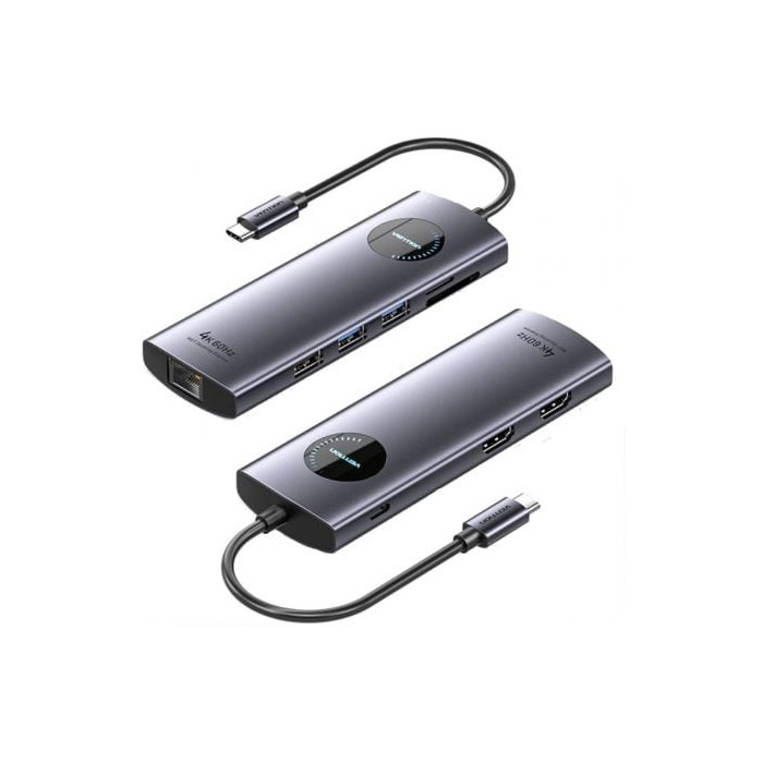Docking USB Tipo-C Vention TQVHB/ 2xHDMI 4K/ 3xUSB/ 1xRJ45/ 1xLector de Tarjetas/ 1xUSB Tipo-C PD/ Gris | Docks