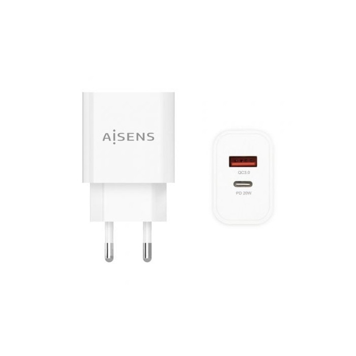 Cargador de Pared Aisens A110-0681/ 1xUSB Tipo-C/ 1xUSB/ 20W | Cargadores hasta 45W