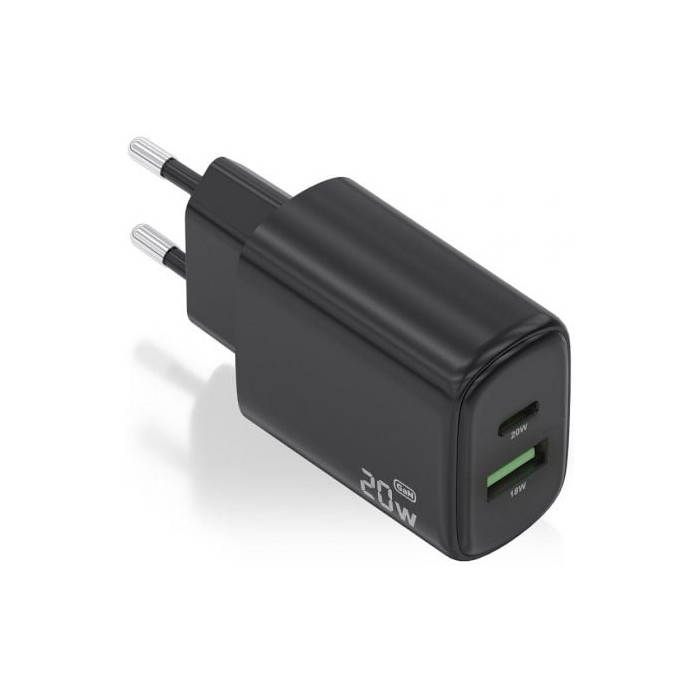 Cargador de Pared GaN Aisens A110-0910/ 1xUSB Tipo-C/ 1xUSB/ 20W/ Negro | Cargadores hasta 45W