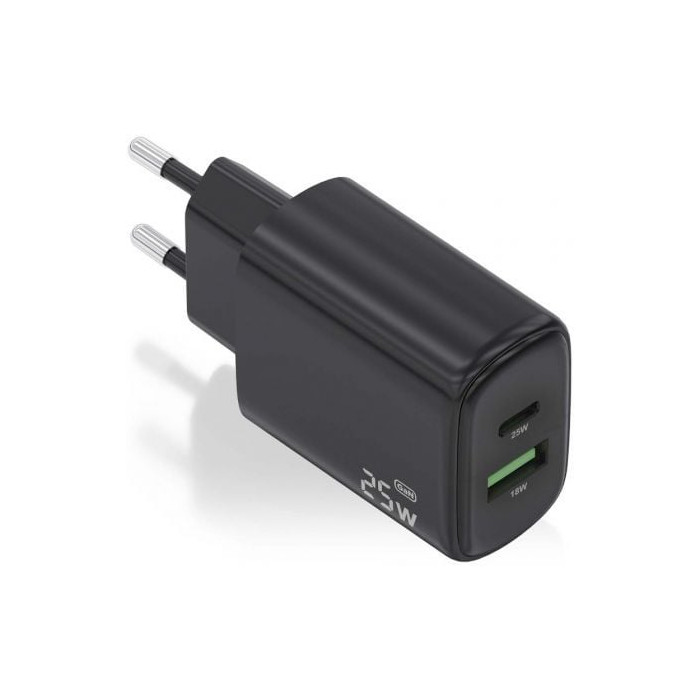 Cargador de Pared GaN Aisens A110-0912/ 1xUSB Tipo-C/ 1xUSB/ 25W/ Negro | Cargadores hasta 45W